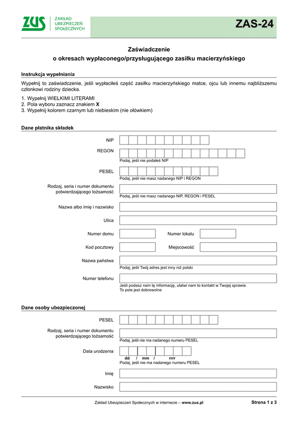ZUS ZAS-24 Zaświadczenie o okresach wypłacanego/ przysługującego zasiłku macierzyńskiego