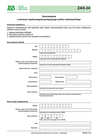 ZUS ZAS-24 Zaświadczenie o okresach wypłacanego/ przysługującego zasiłku macierzyńskiego