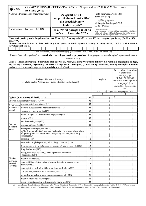 GUS DG-1 ZAŁ (2025) Załącznik do meldunku DG-1 dla przedsiębiorstw budowlanych