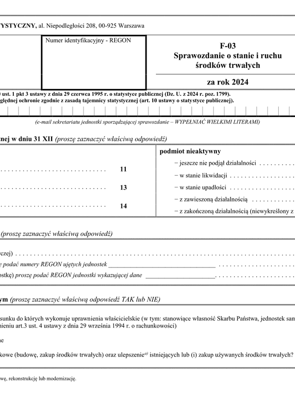 GUS F-03  Sprawozdanie o stanie i ruchu środków trwałych za rok 2024
