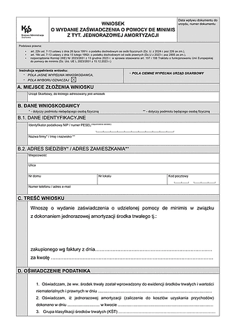 WoZJA Wniosek o wydanie zaświadczenia o pomocy de minimis z tyt. jednorazowej amortyzacji