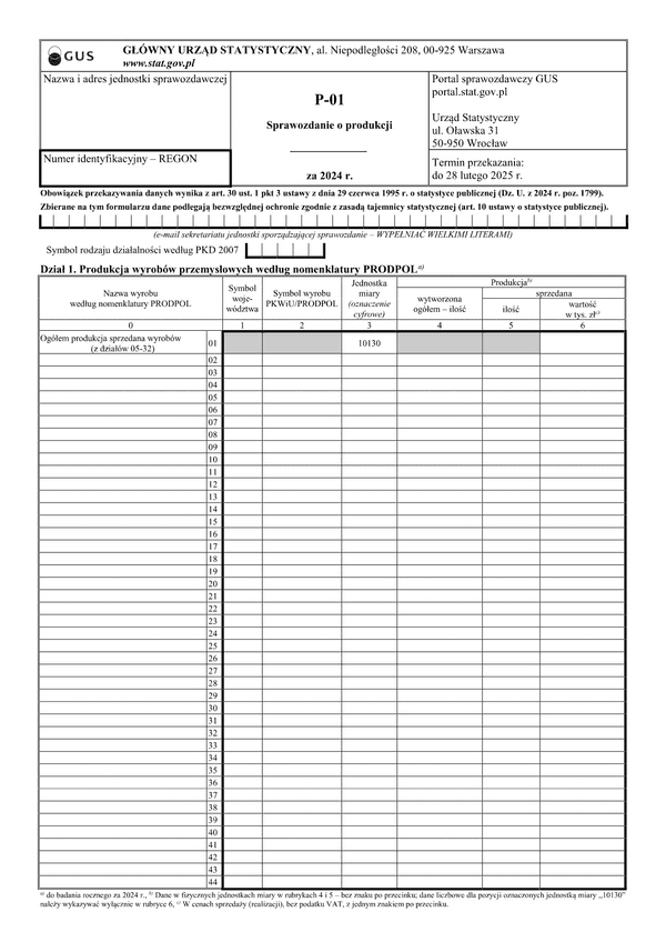GUS P-01 (2024) Sprawozdanie o produkcji za 2024 rok