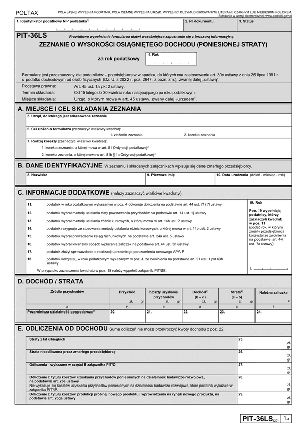 PIT-36LS (20) (2024) Zeznanie o wysokości osiągniętego dochodu (poniesionej straty)
