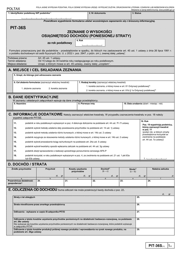 PIT-36S (31) (2024) Zeznanie o wysokości osiągniętego dochodu (poniesionej straty)
