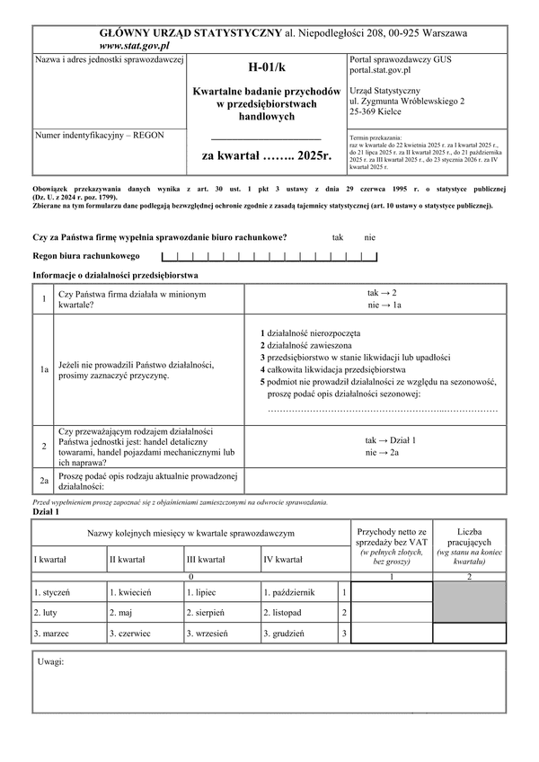 GUS H-01/k (2025) Kwartalne badanie przychodów w przedsiębiorstwach handlowych