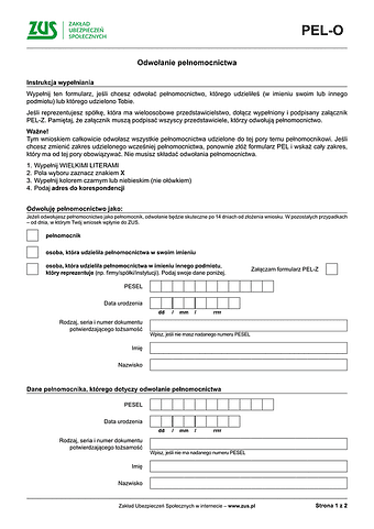 ZUS PEL-O Odwołanie pełnomocnictwa - wersja papierowa