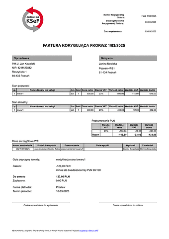 FKORWZ Faktura korygująca wydanie na zewnątrz (zgodna z KSeF)