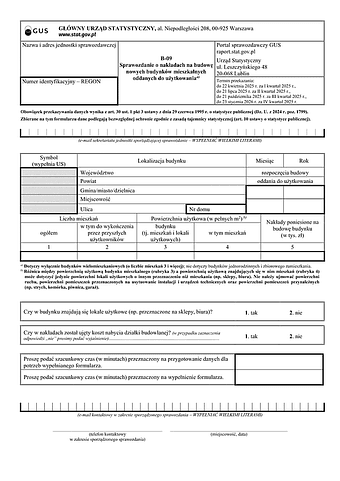 GUS B-09 (2025) Sprawozdanie o nakładach na budowę nowych budynków mieszkalnych oddanych do użytkowania