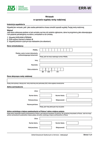 ZUS ERR-W Wniosek w sprawie wypłaty części renty rodzinnej - wersja papierowa