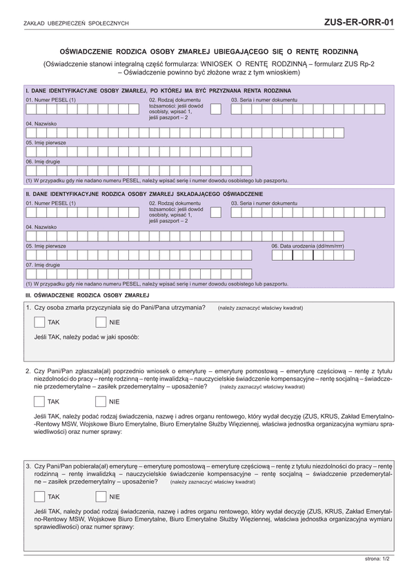 ZUS-ER-ORR-01 (archiwalny) Oświadczenie rodzica osoby zmarłej ubiegającego się o rentę rodzinną