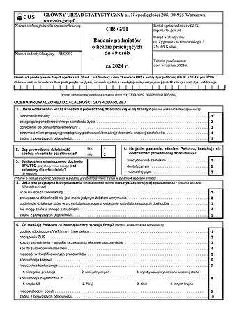 GUS CBSG/01 Badanie podmiotów o liczbie pracujących do 49 osób (2024)