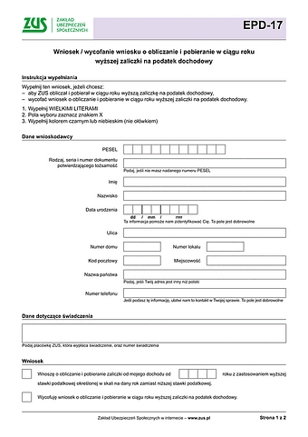 ZUS EPD-17 Wniosek o obliczanie i pobieranie w ciągu roku wyższej zaliczki na podatek dochodowy