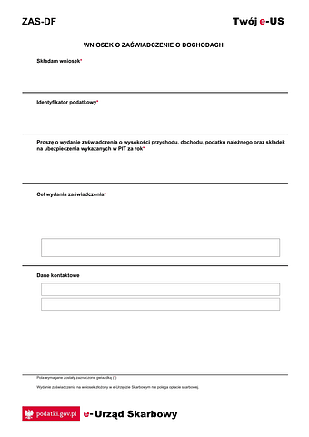 ZAS-DF (e-Urząd Skarbowy) Zaświadczenie o wysokości  dochodu podatnika w PIT