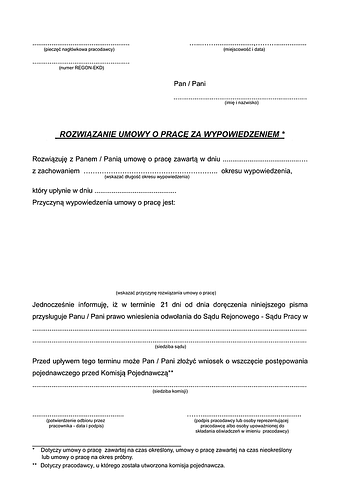 RUPW Rozwiązanie umowy o pracę za wypowiedzeniem (pracodawca)