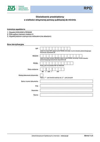 ZUS RPD Oświadczenie przedsiębiorcy o wielkości otrzymanej pomocy publicznej de minimis, de minimis w rolnictwie, de minimis w rybołówstwie