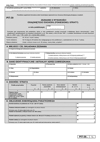 PIT-39 (12) (2025) Zeznanie o wysokości osiągniętego dochodu (poniesionej straty)