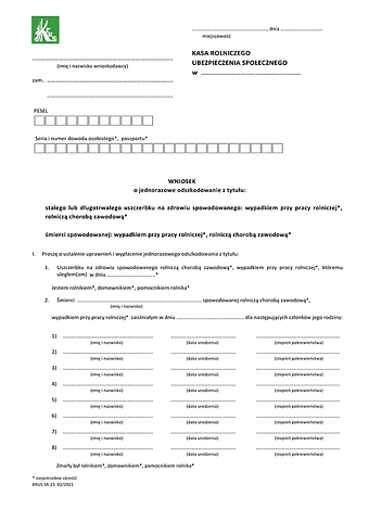 KRUS SR-23 Wniosek o jednorazowe odszkodowanie z tytułu stałego lub długotrwałego uszczerbku na zdrowiu spowodowanego wypadkiem przy pracy rolniczej lub rolniczą chorobą zawodową lub śmierci