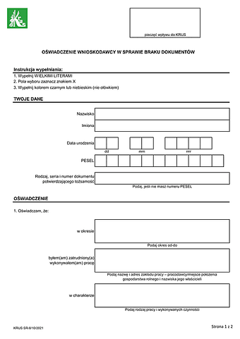KRUS SR-8 Oświadczenie w sprawie braku dokumentów