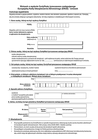 EKUZ (Cert. tymcz.) Wniosek o wydanie Certyfikatu tymczasowo zastępującego Europejską Kartę Ubezpieczenia Zdrowotnego
