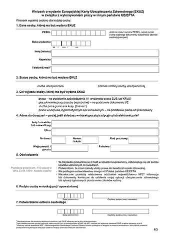 EKUZ (prac) Wniosek o wydanie Europejskiej Karty Ubezpieczenia Zdrowotnego (EKUZ) w związku z wykonywaniem pracy w innym państwie UE/EFTA