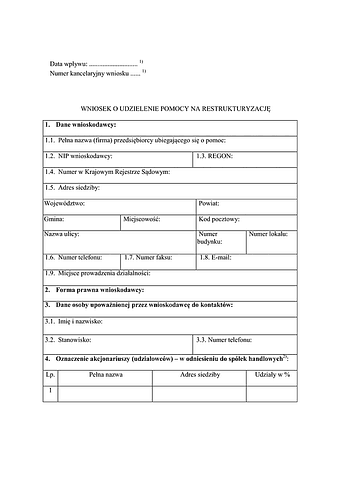 WoURR Wniosek o udzielenie pomocy na restrukturyzację