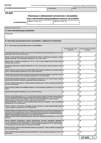 CIT-8/O (20) Informacja o odliczeniach od dochodu i od podatku oraz o dochodach wolnych i zwolnionych od podatku