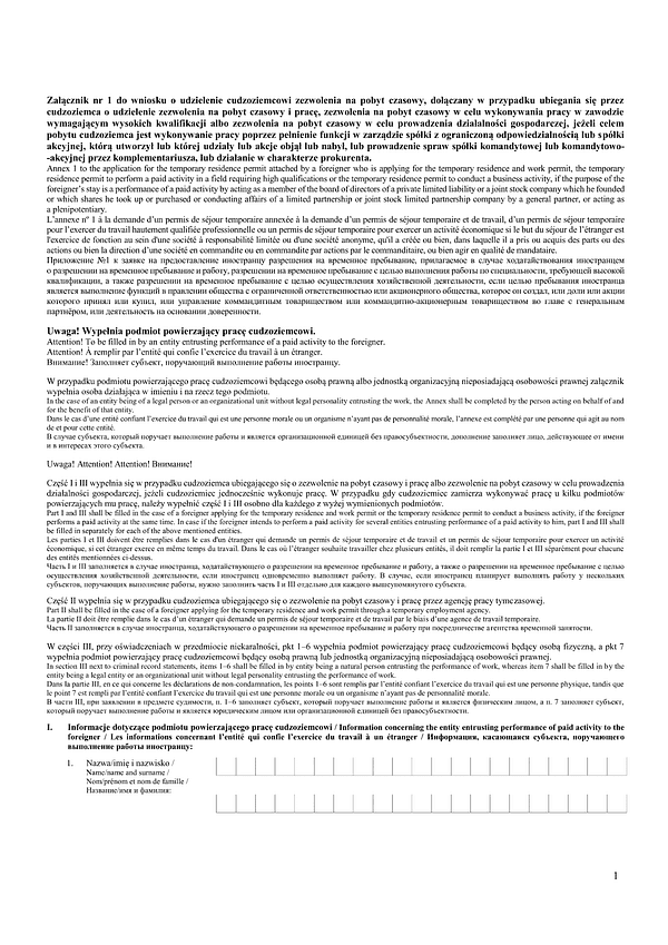 Załącznik nr 1 do wniosku o udzielenie cudzoziemcowi zezwolenia na pobyt czasowy