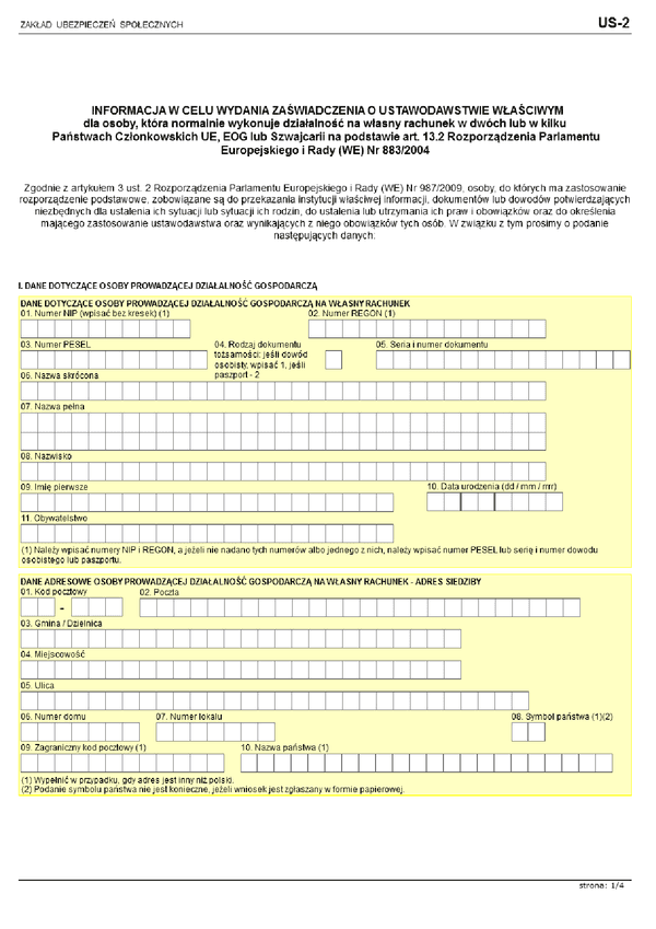 ZUS US-2 (archiwalny) Informacja w celu wydania zaświadczenia o ustawodawstwie właściwym 