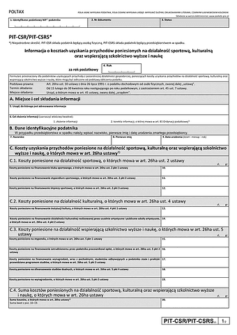 PIT-CSR/PIT-CSRS (2) Informacja o kosztach uzyskania przychodów poniesionych na działalność sportową, kulturalną oraz wspierającą szkolnictwo wyższe i naukę