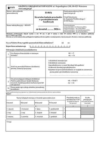 GUS H-01/k (2026) Kwartalne badanie przychodów w przedsiębiorstwach handlowych