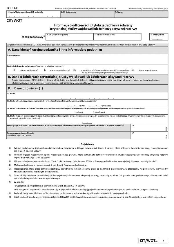 CIT/WOT (1) Informacja o odliczeniach z tytułu zatrudnienia żołnierzy  terytorialnej służby wojskowej lub żołnierzy aktywnej rezerwy