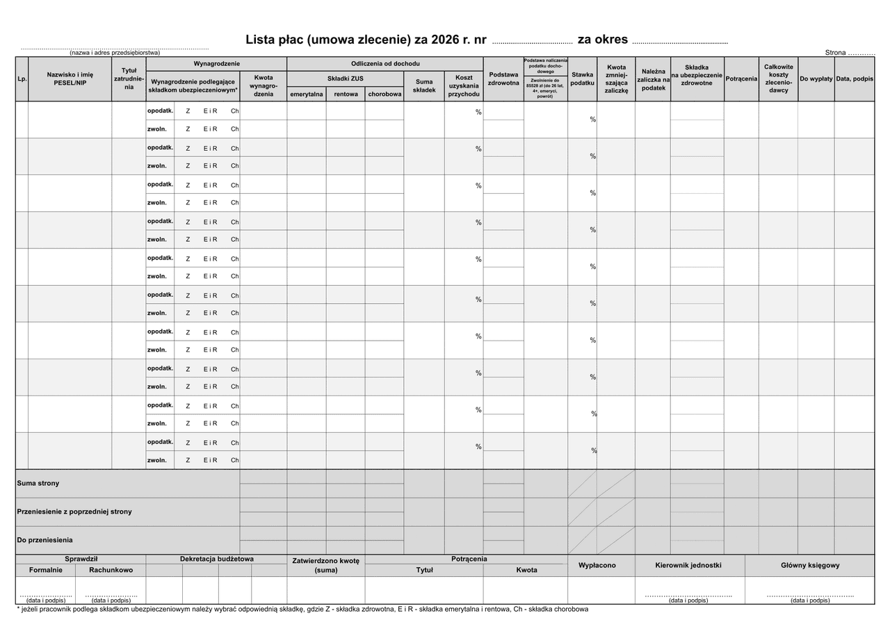 WZP (2026) Zbiorcza lista płac (umowa zlecenia)