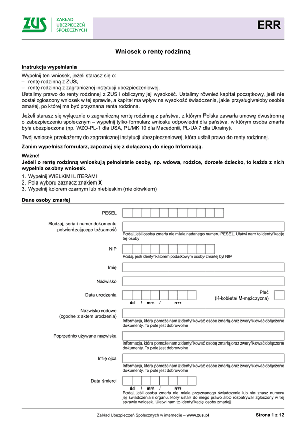 ZUS ERR Wniosek o rentę rodzinną