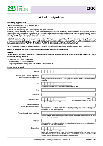 ZUS ERR Wniosek o rentę rodzinną