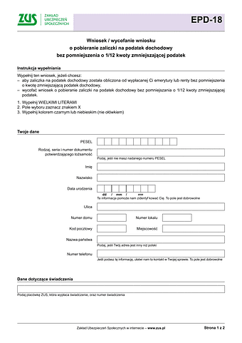 ZUS EPD-18 Wniosek o pobieranie zaliczki na podatek dochodowy bez pomniejszania o 1/12 kwoty zmniejszającej podatek