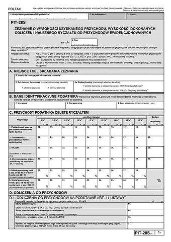 PIT-28S (26) (2025) Zeznanie o wysokości uzyskanego przychodu, wysokości dokonanych odliczeń i należnego ryczałtu od przychodów ewidencjonowanych za 2025