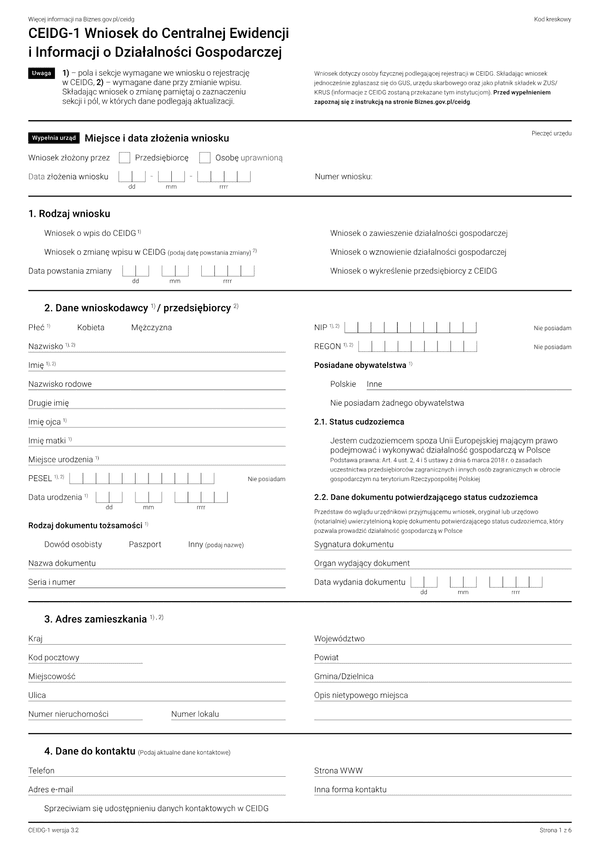 CEIDG-1 (3.2) Wniosek o wpis do centralnej ewidencji i informacji o działalności gospodarczej