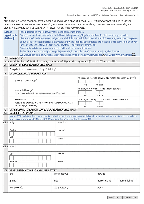 DM Deklaracja o wysokości opłaty za gospodarowanie odpadami komunalnymi dla nieruchomości, która w części stanowi nieruchomość, na której zamieszkują mieszkańcy