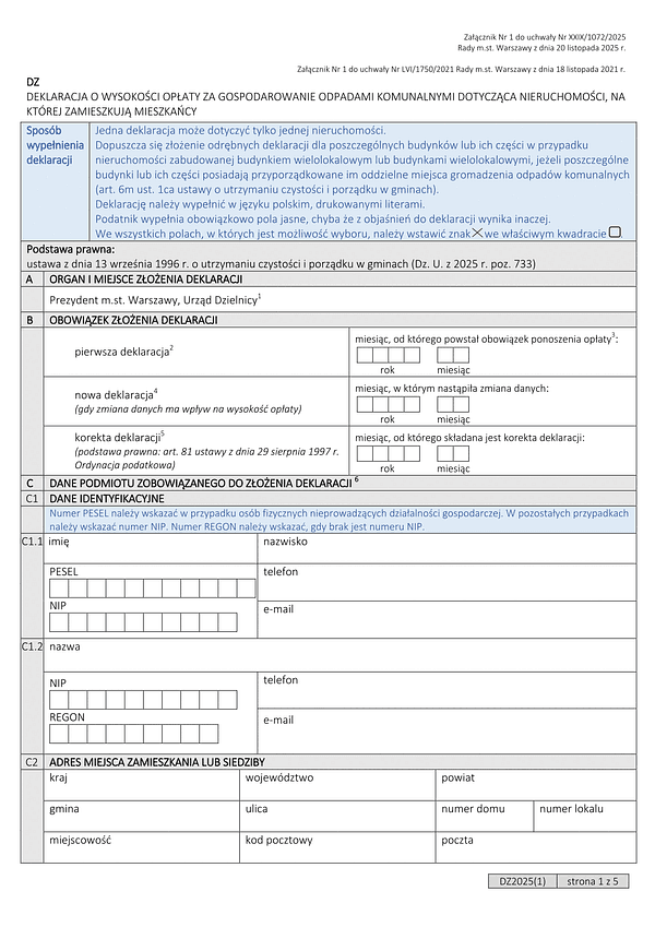 DZ Deklaracja o wysokości opłaty za gospodarowanie odpadami komunalnymi dotycząca nieruchomości na której zamieszkują mieszkańcy (Warszawa)
