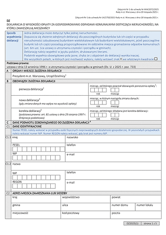 DZ Deklaracja o wysokości opłaty za gospodarowanie odpadami komunalnymi dotycząca nieruchomości na której zamieszkują mieszkańcy (Warszawa)