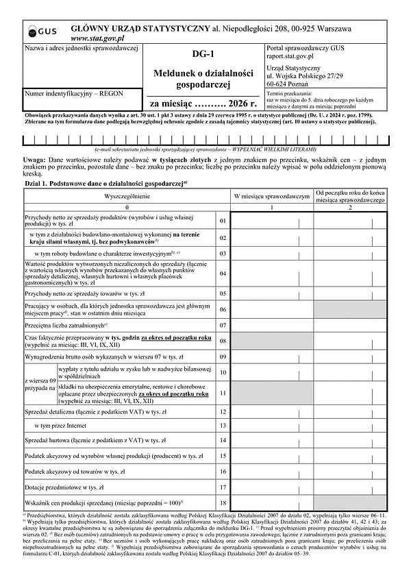 GUS DG-1 (2026) Meldunek o działalności gospodarczej