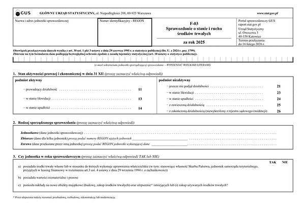 GUS F-03  Sprawozdanie o stanie i ruchu środków trwałych za rok 2025