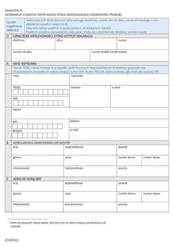 ZC mz Załącznik do deklaracji DM i DZ - Informacje o danych wspólników spółki nieposiadającej osobowości prawnej