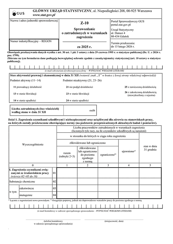 GUS Z-10 (2025) Sprawozdanie o warunkach pracy za 2025 rok