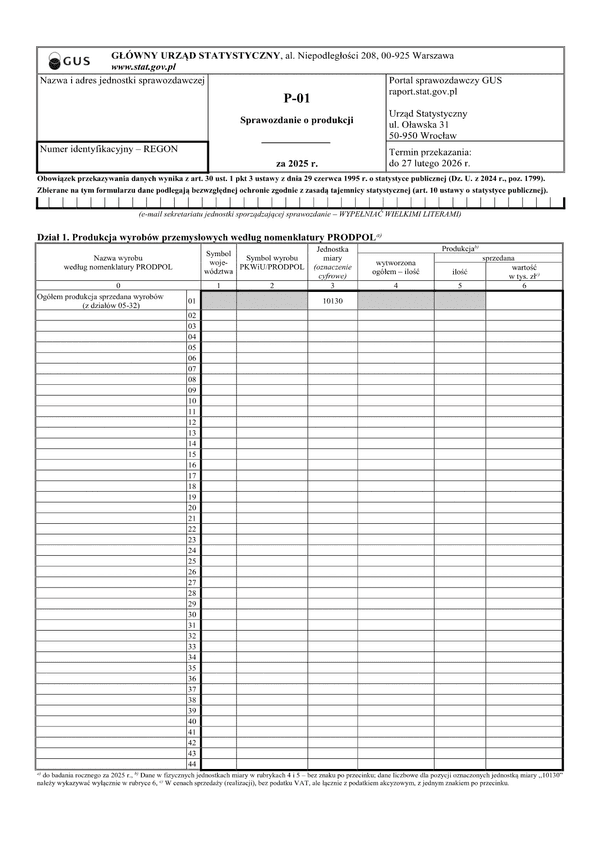 GUS P-01 (2025) Sprawozdanie o produkcji za 2025 rok