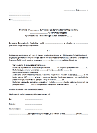 UZPSF Uchwała Zwyczajnego Zgromadzenia Wspólników spółki z ograniczoną odpowiedzialnością w sprawie przyjęcia sprawozdania finansowego za rok obrotowy