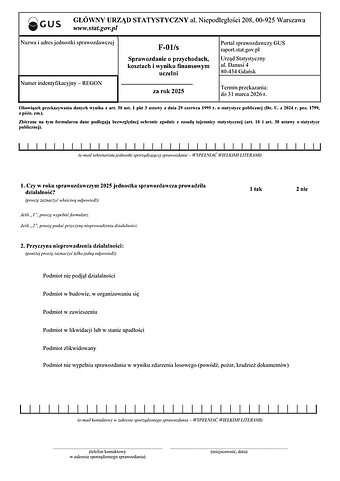 GUS F-01/s (2025) Sprawozdanie o przychodach, kosztach i wyniku finansowym szkół wyższych za rok 2025