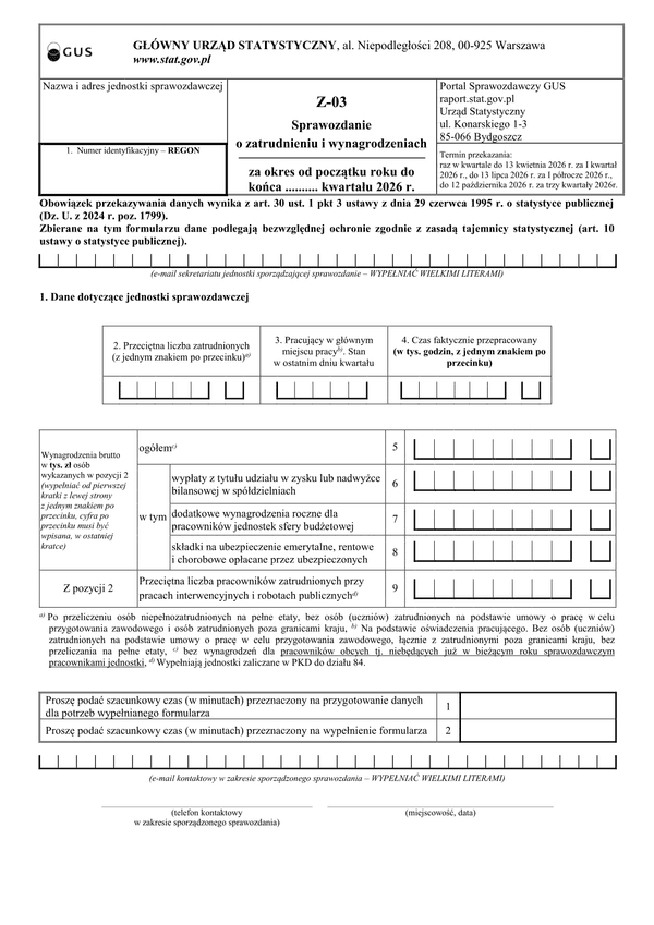 GUS Z-03 (2026) Sprawozdanie o zatrudnieniu i wynagrodzeniach