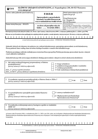 GUS F-01/I-01 (2026) Sprawozdanie o przychodach, kosztach i wyniku finansowym oraz o nakładach na środki trwałe