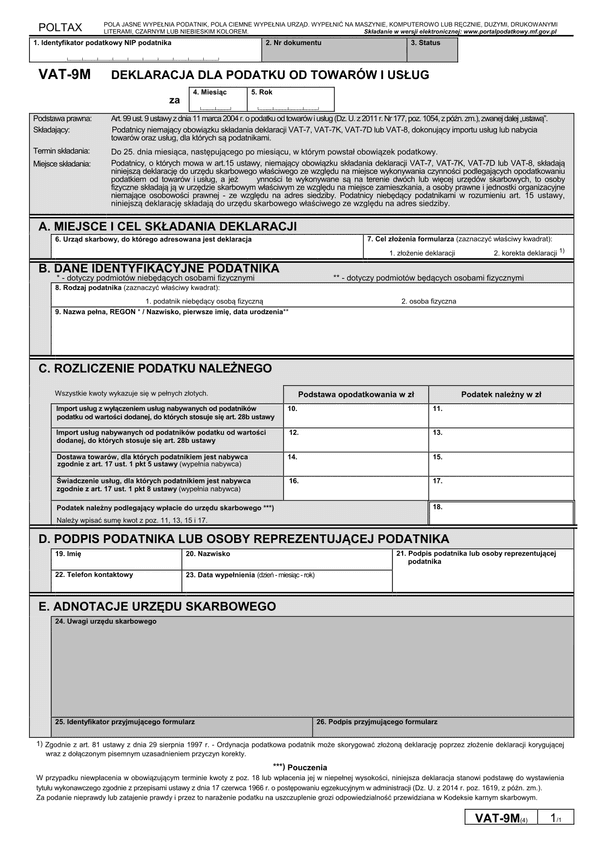VAT-9M (4) (archiwalny) Deklaracja dla podatku od towarów i usług